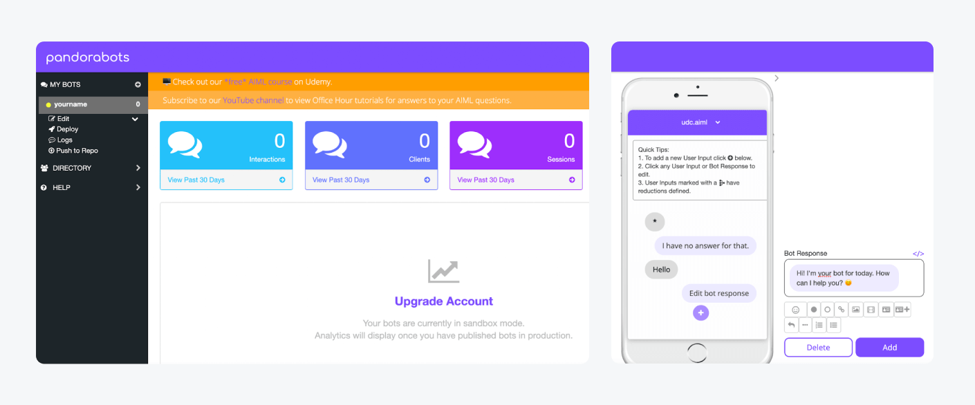 pandorabot chatbot builder Pandorabots dashboard alongside an example of the bot talking to a customer.
